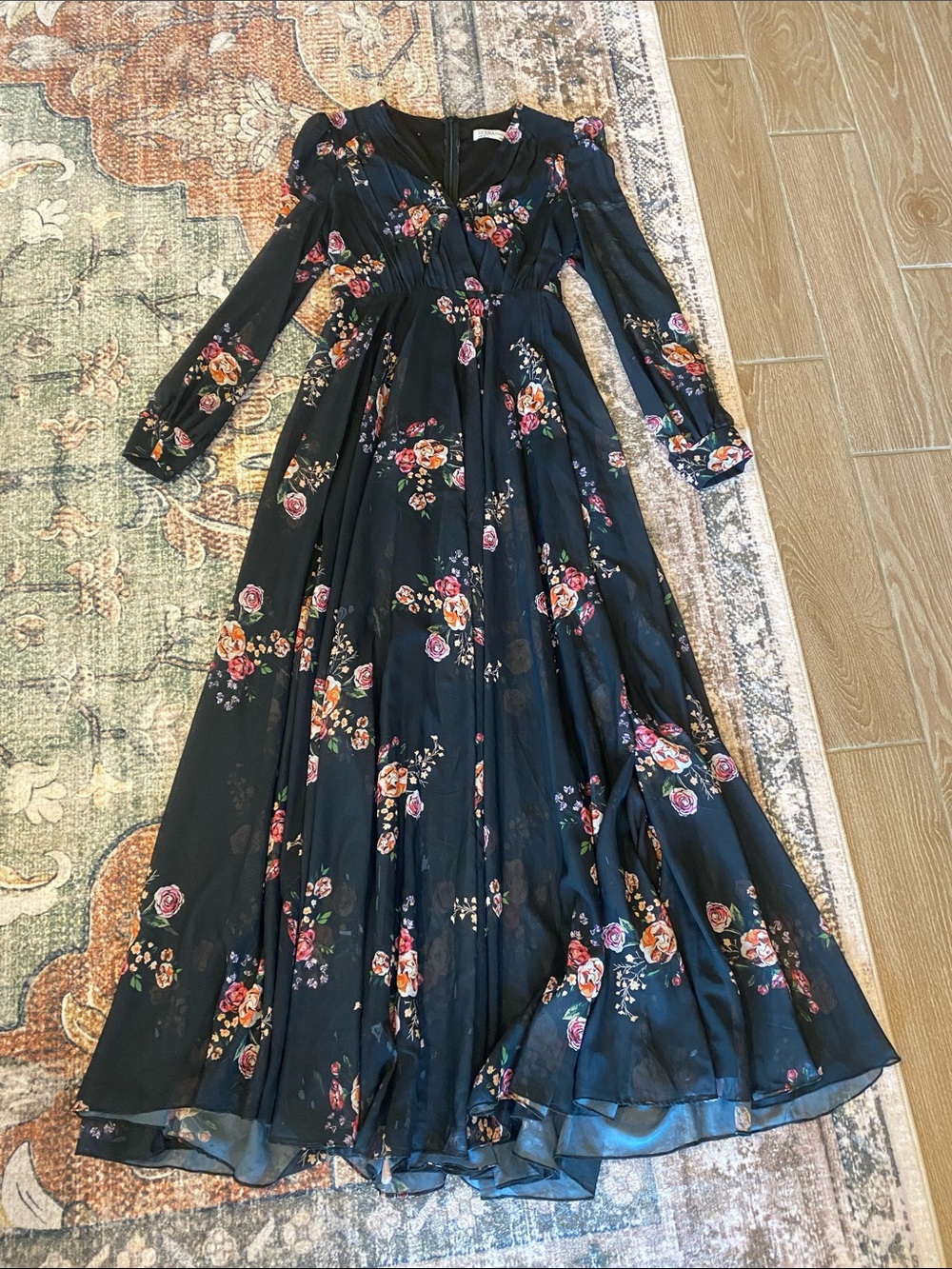 Mac Duggal Black Floral Long Sleeve Maxi Dress